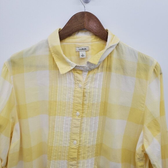 L.L.Bean Womens L Yellow White Plaid Cotton Button Up Shirt Collared Classic - Picture 10 of 16